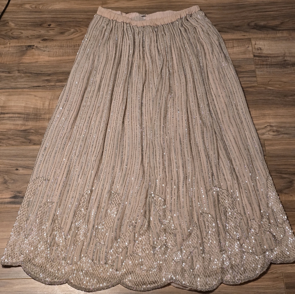 Vintage Hand Sewn Beaded Maxi Skirt Blush pink Sequines,Flames Medium
